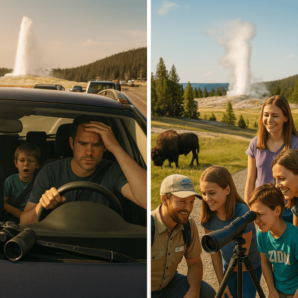 A stressed family vs. a happy family on a private Yellowstone family tour