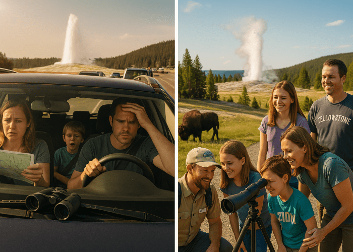 A stressed family vs. a happy family on a private Yellowstone family tour