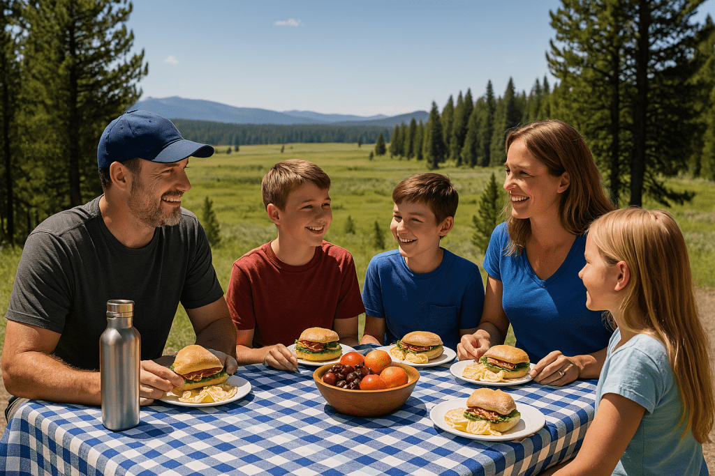 “Family enjoying a private picnic with sandwiches, fruit, and drinks at a wooden table in Grand Teton National Park, surrounded by scenic mountain views.”

