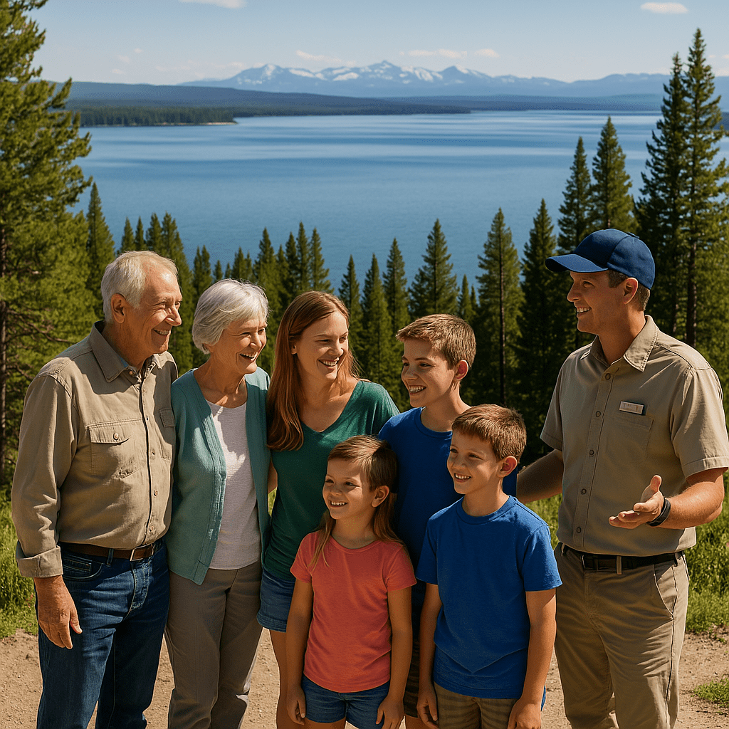 Multi-generational family with a private guide, smiling together at a Yellowstone Lake overlook during a personalized private tour