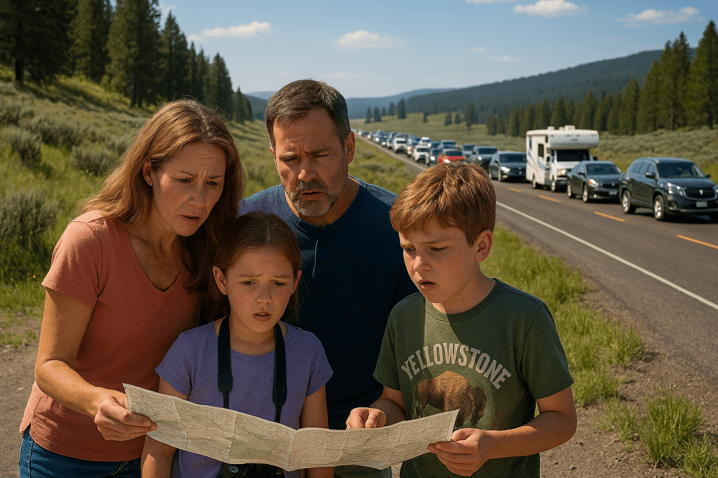 Family of four huddled over a map at a busy Yellowstone viewpoint, looking confused, with cars lined up in the background on a crowded summer day.