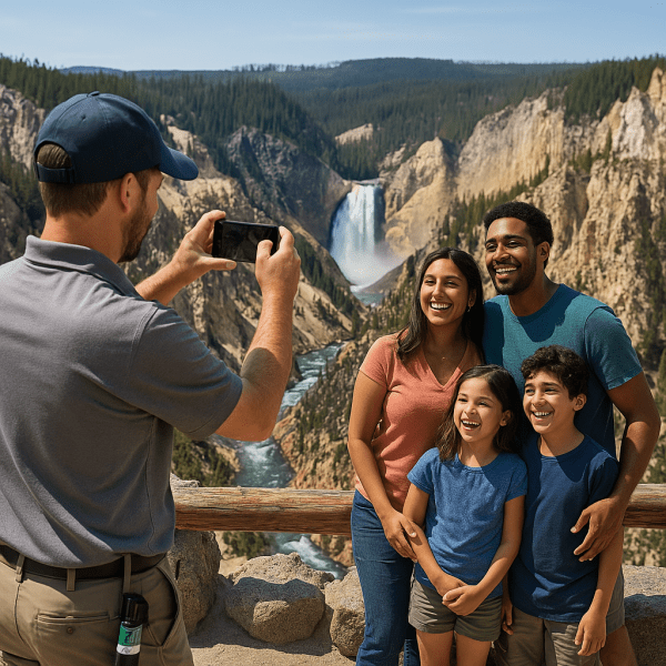 Multi-generational family with a private guide, smiling together at a Yellowstone Lake overlook during a personalized private tour.