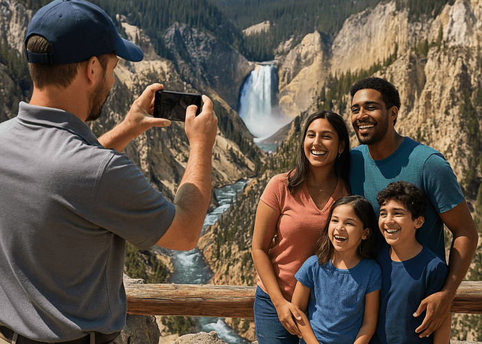Multi-generational family with a private guide, smiling together at a Yellowstone Lake overlook during a personalized private tour.