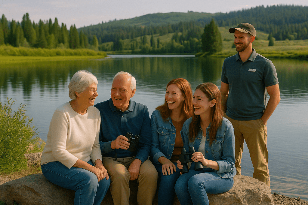 “Multi-generational family standing with their private guide near a calm lake in Grand Teton National Park, smiling and enjoying the mountain view together.”



