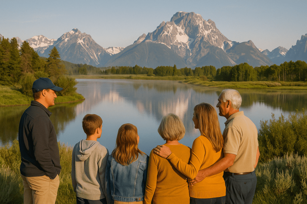 Family of four and a private tour guide standing together at a scenic viewpoint in Grand Teton National Park with the Teton Range in the background, during a quiet morning at Oxbow Bend.