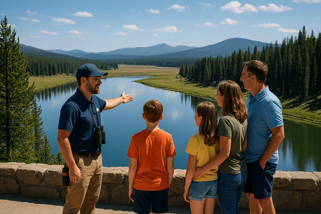 Family with private guide at a quiet Yellowstone overlook, enjoying the view without crowds in a scenic national park setting.”